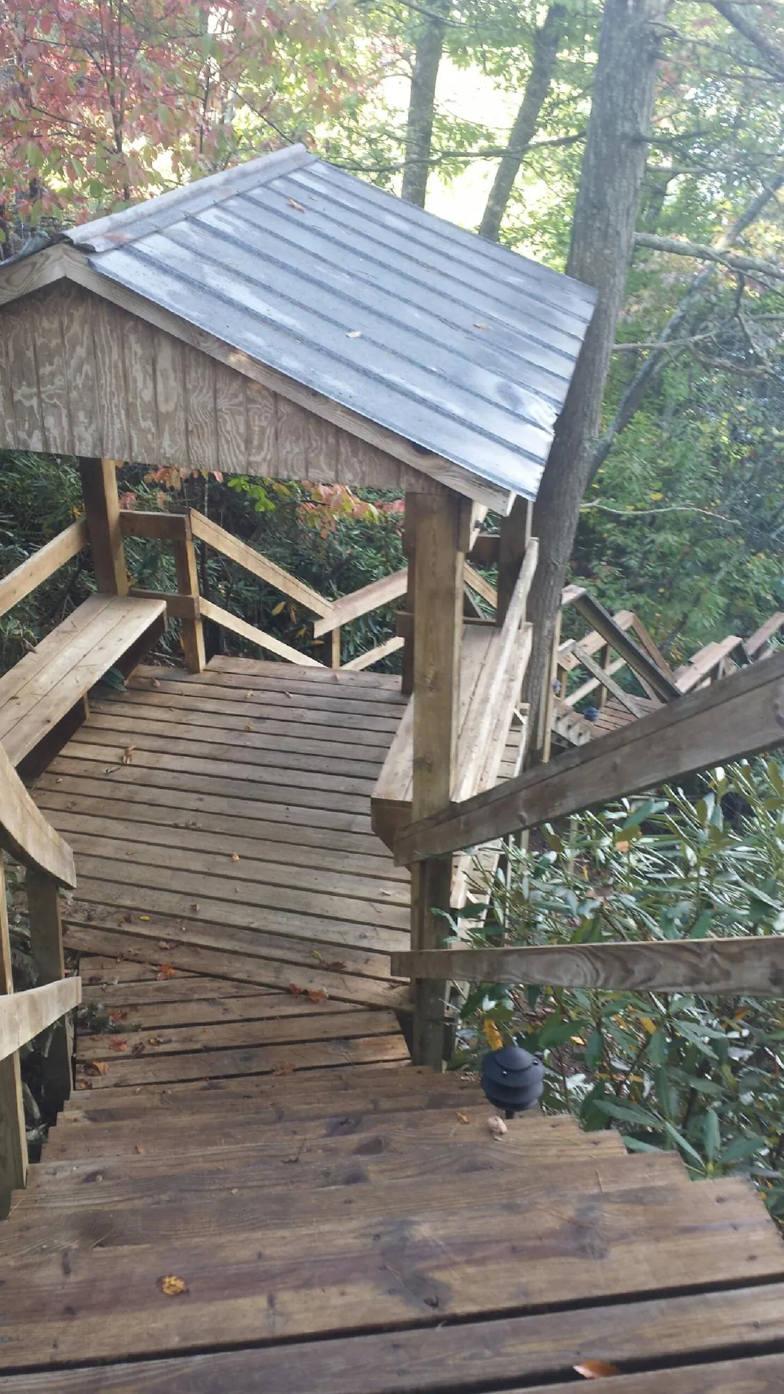 Metal roofed shelter over wooden steps on a wooded walkway — Skylight Repair & Installation work by our crew in Oak Hall